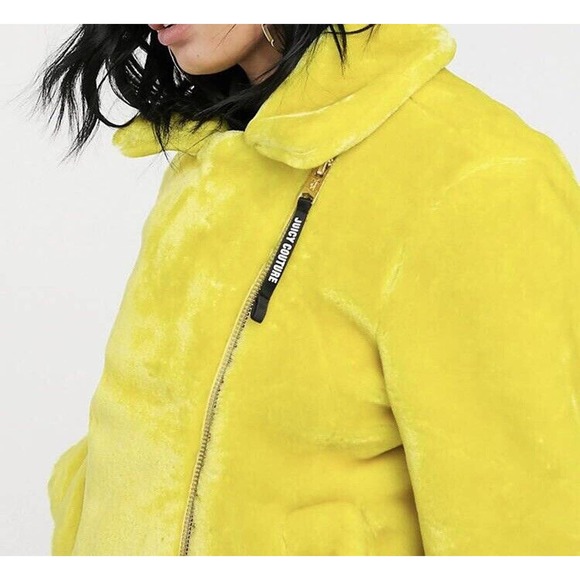 NWT Juicy Couture Black Label Womens Faux Fur Moto Jacket Size Small Yellow - Picture 3 of 12